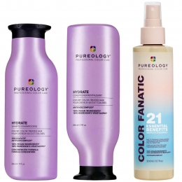 PureologyHydrateShampooConditionerandColorFanaticMulti-BenefitLeave-inMoisturisingBundleforDryHair