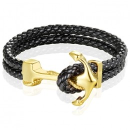 HerenarmbandLeerAnkerMendesGoudkleurigZwart-19cm