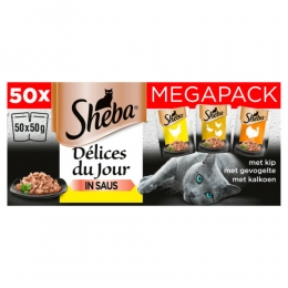 ShebaKattenvoerMegaPackDlicesDuJourNatvoerGevogelteinSausMaaltijdzakjes50x50gr