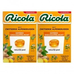 2xRicolaGemberSinaasappelmuntSuikervrijDoosje50gr