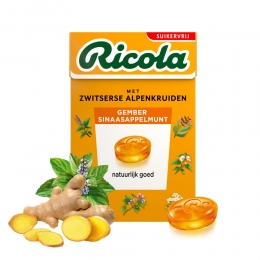 20xRicolaGemberSinaasappelmuntSuikervrijDoosje50gr