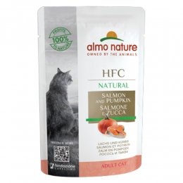 24xAlmoNatureHFCNaturalKattenvoerNatMaaltijdzakjeZalmPompoen55gr