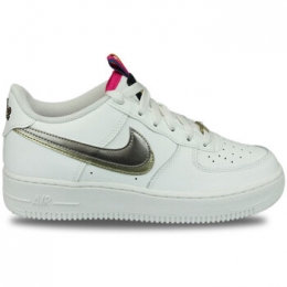 LageSneakersNikeAirForce1LV8DoubleSwooshSilverGoldBlanc