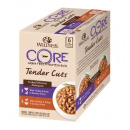 8xWellnessCoreKattenvoerTenderCutsSelection6-packKalkoen6x85gr