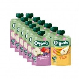 Knijpfruitpakket6m-MangoPeerGranola6x100grAppelAardbeiBlauweBes6x100gr-Pakket