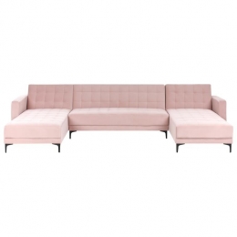 Beliani-ABERDEEN-U-vormbank-Pastelroze-Fluweel