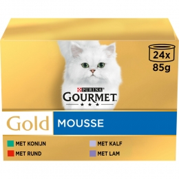 4xGourmetGoldMousseRund-Konijn-Kalfsvlees-Lam24x85gr
