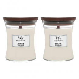 2xWoodWickGeurkaarsMediumWhiteTeak275gr