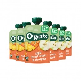 6xOrganixKnijpfruit12mAppelZoeteAardappelAnanas100gr