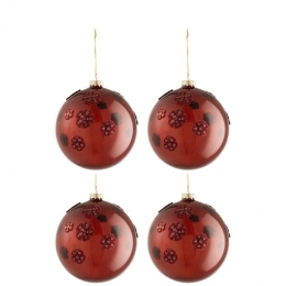 J-LineKerstballenBloemenGlasBordeauxLargeSetvan4