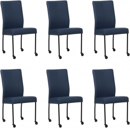 Setvan6BlauwelerenmoderneeetkamerstoelenComfort-pootrondzwartmetwiel-HermesLeerKobaltblauwleer