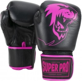 SuperProCombatGearWarriorLederenKickBokshandschoenen-ZwartRoze-10oz