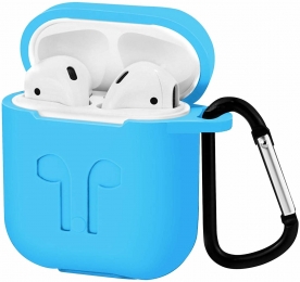 Case2go-HoesjegeschiktvoorAppleAirpods-SiliconenAirpodsHoesmetKarabijnhaak-CasevoorAirpods12-LichtBlauw