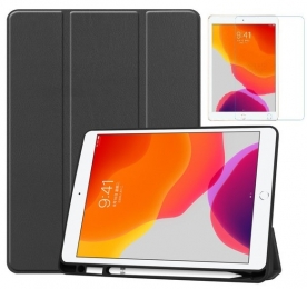 iPad102inch201920202021hoes-Tri-FoldBookCasemetApplePencilhouderScreenprotector-Zwart