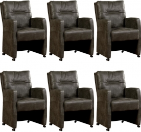 Setvan6DonkergrijzelerenlandelijkeeetkamerfauteuilsSharp-KeniaLeerAntracitedonkergrijsleer