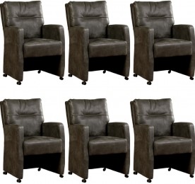 Setvan6DonkergrijzelerenlandelijkeeetkamerfauteuilsSharp-KeniaLeerAntracitedonkergrijsleer