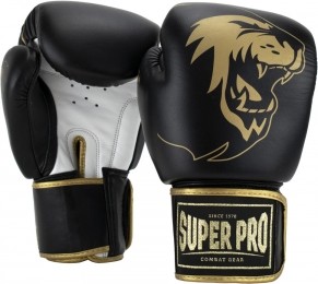 SuperProCombatGearWarriorSELederenKickBokshandschoenen-ZwartGoudWit-14oz