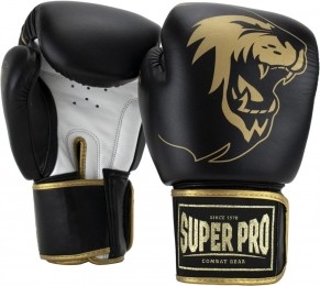 SuperProCombatGearWarriorSELederenKickBokshandschoenen-ZwartGoudWit-10oz