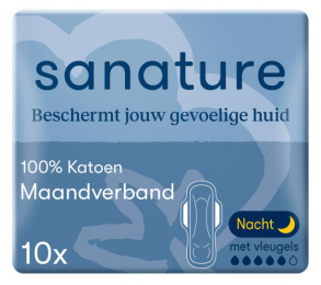 Sanature-Maandverband-UltraNight-MetVleugels-100Katoenen-10Stuks