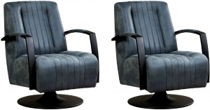Setvan2BlauwelerenindustriledraaifauteuilsGalaxy-staalzwartframemetschotelvoet-KeniaLeerDenimblauwleer