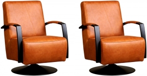 Setvan2CognaclerenindustriledraaifauteuilsMood-staalzwartframemetschotelvoet-VintageLeerCognaccognacleer