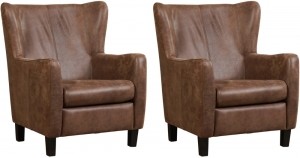 Setvan2BruinelerenlandelijkeoorfauteuilsHug-poothoutbruin-VintageLeerBrownbruinleer