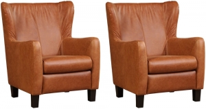 Setvan2CognaclerenlandelijkeoorfauteuilsHug-poothoutbruin-VintageLeerCognaccognacleer