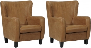 Setvan2BruinelerenlandelijkeoorfauteuilsHug-poothoutzwart-KeniaLeerBrownbruinleer