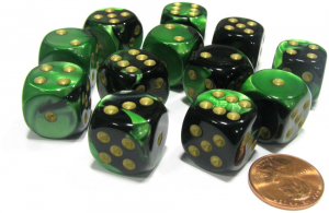 DiceSet-Gemini16mm-Black-GreenD612stuks