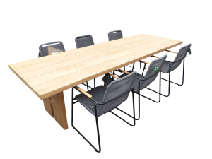SetvanZentafel300x100x75cmteaken6Wasabistoelengrijsinclkussen-Yoi