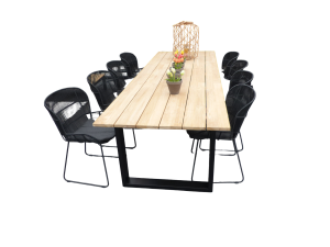 SetvanKaihoutafel300x100x76cmzwartteaken8Fayestoelenlavainclkussen-Yoi