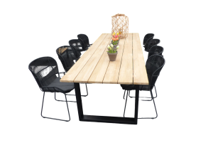 SetvanKaihoutafel300x100x76cmzwartteaken8Fayestoelenlavainclkussen-Yoi