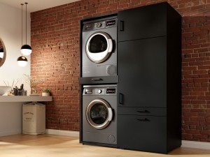 KastWASHING2machinesbovenelkaarmetkast1deur2ladesMEDIUMzwart