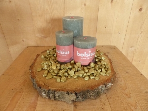 KaarsensetBolsius3stukgrijsgroenmetgoudensteentjesWarentuinMix-Warentuinmix