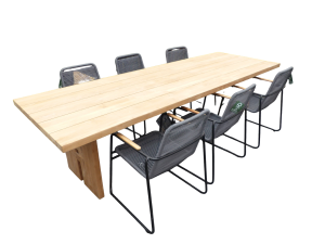 SetvanZentafel300x100x75cmteaken6Wasabistoelengrijsinclkussen-Yoi
