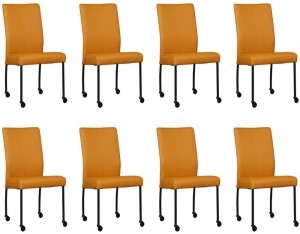 Setvan8GelelerenmoderneeetkamerstoelenComfort-pootrondzwartmetwiel-ToledoLeerLeemgeelleer