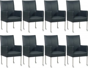 Setvan8FeloranjelerenmoderneeetkamerstoelenSpark-pootrondrvsmetwiel-GranadaleerBluefeloranjeleer
