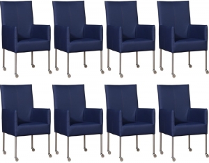 Setvan8BlauwelerenmoderneeetkamerstoelenSpark-pootrondrvsmetwiel-ToledoLeerKobaltblauwleer