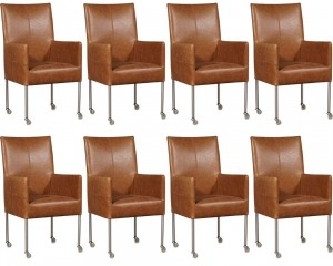 Setvan8CognaclerenmoderneeetkamerstoelenSpark-pootrondrvsmetwiel-VintageLeerCognaccognacleer