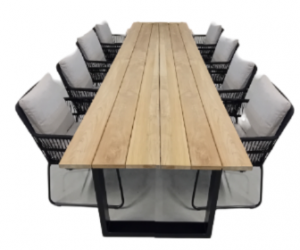 TuinsetKaihoutafelblackteak350x100cmmet4stoelenRanstoelkussenblackflaxbeige-Yoi