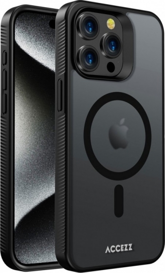 AccezzRuggedFrostedBackcovermetMagSafeiPhone15ProMaxTelefoonhoesjeZwart