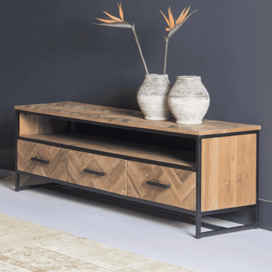 LivingfurnTV-meubelHawaiiVisgraatTeakenstaal180cm-Hout